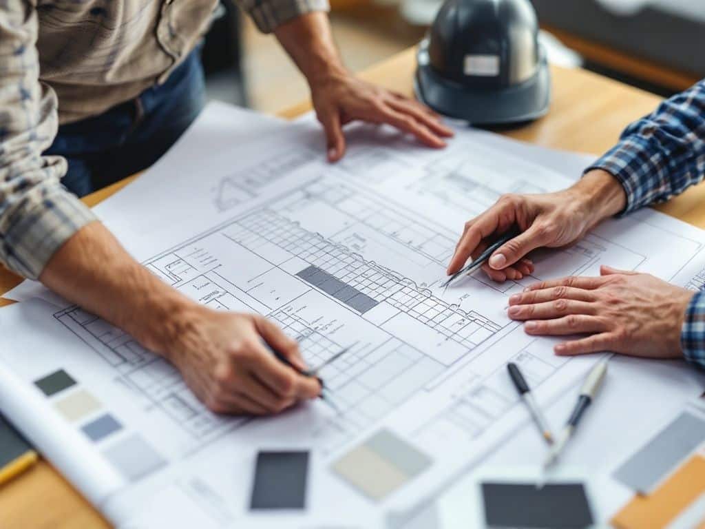 Architects reviewing blueprints with samples and hard hat, teamwork and construction planning concept.