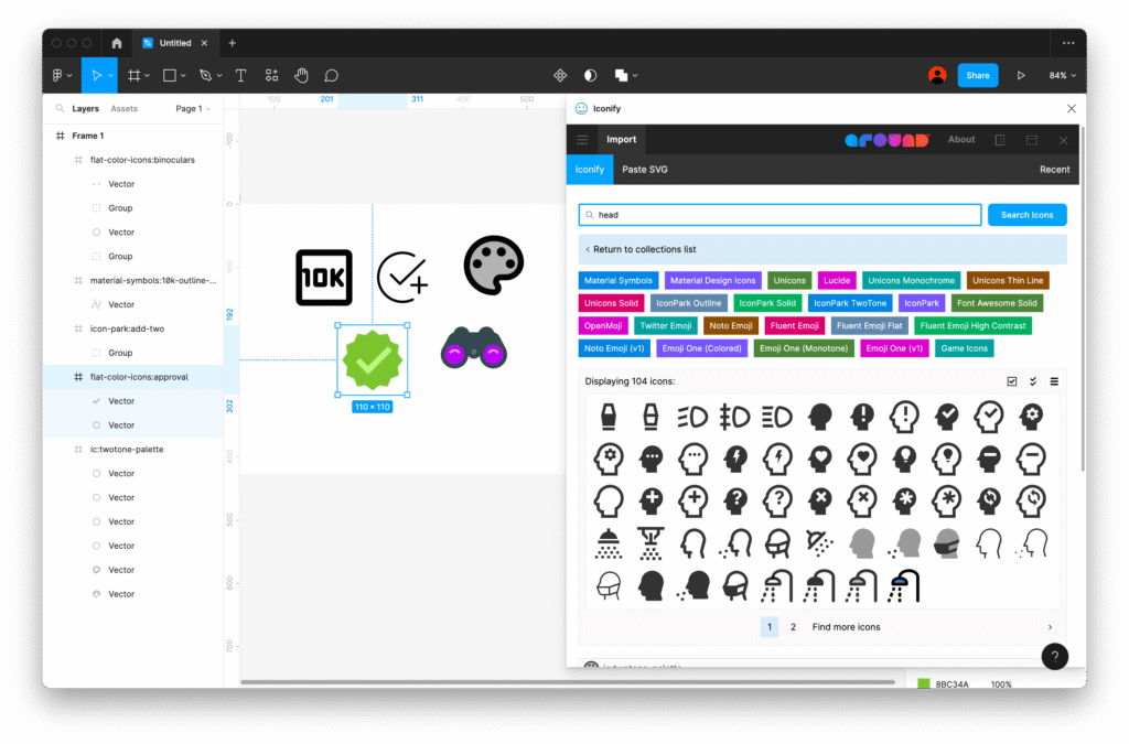 Figma interface displaying various icon designs from the Iconify plugin for creative work.