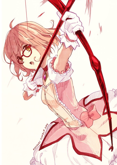 Anime-style character with bow and arrow, wearing glasses and a detailed outfit, aiming determinedly.