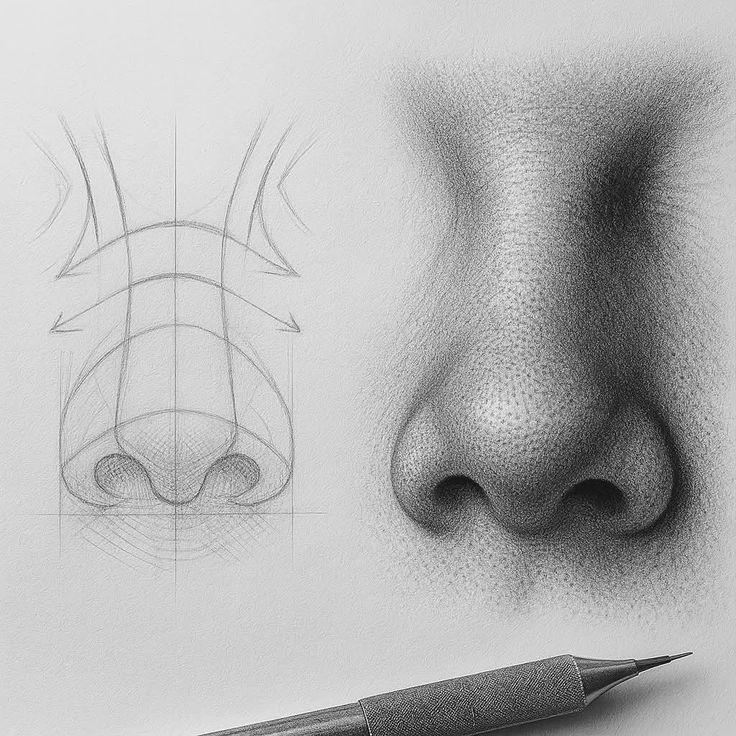 Pencil drawing of a realistic human nose with detailed shading and a geometric sketch on paper.
