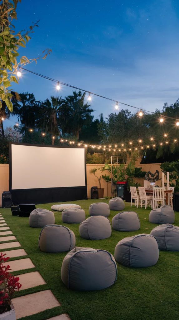 Outdoor backyard movie setup with bean bag chairs, large screen, and string lights under a clear night sky.