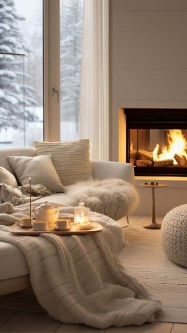 46d10e5e-67f7-4a22-85d0-f2683ec68a83 Cozy living room with a lit fireplace, winter view, plush sofa, and tea set on a wooden tray, creating a warm ambiance. | Sky Rye Design Cozy living room with a lit fireplace, winter view, plush sofa, and tea set on a wooden tray, creating a warm ambiance.