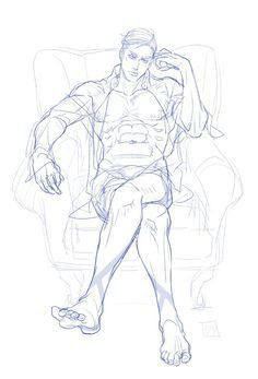 Sketch of a seated man with muscular build, casually posed in an armchair, shirt open, legs crossed, hand near head.
