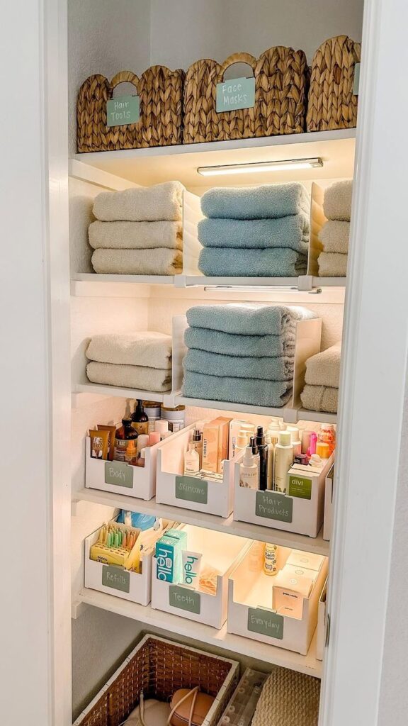 470ca5fa-539b-4b1d-9df7-b72021512de7 Organized bathroom closet with towels, labeled bins for hair tools, face masks, skincare, and toiletries. | Sky Rye Design Organized bathroom closet with towels, labeled bins for hair tools, face masks, skincare, and toiletries.