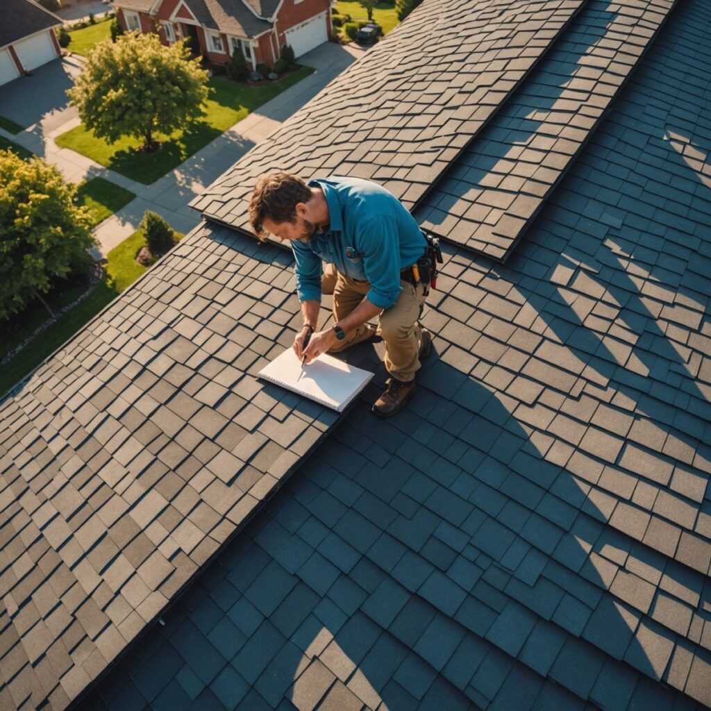 Roofing professional inspecting shingles on a suburban house's roof.