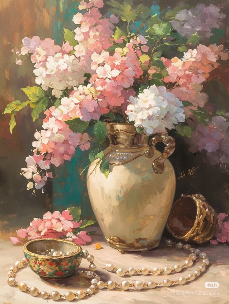 Elegant still life with pastel flowers in a vase, pearl necklace, and decorative bowls, evoking classic beauty.