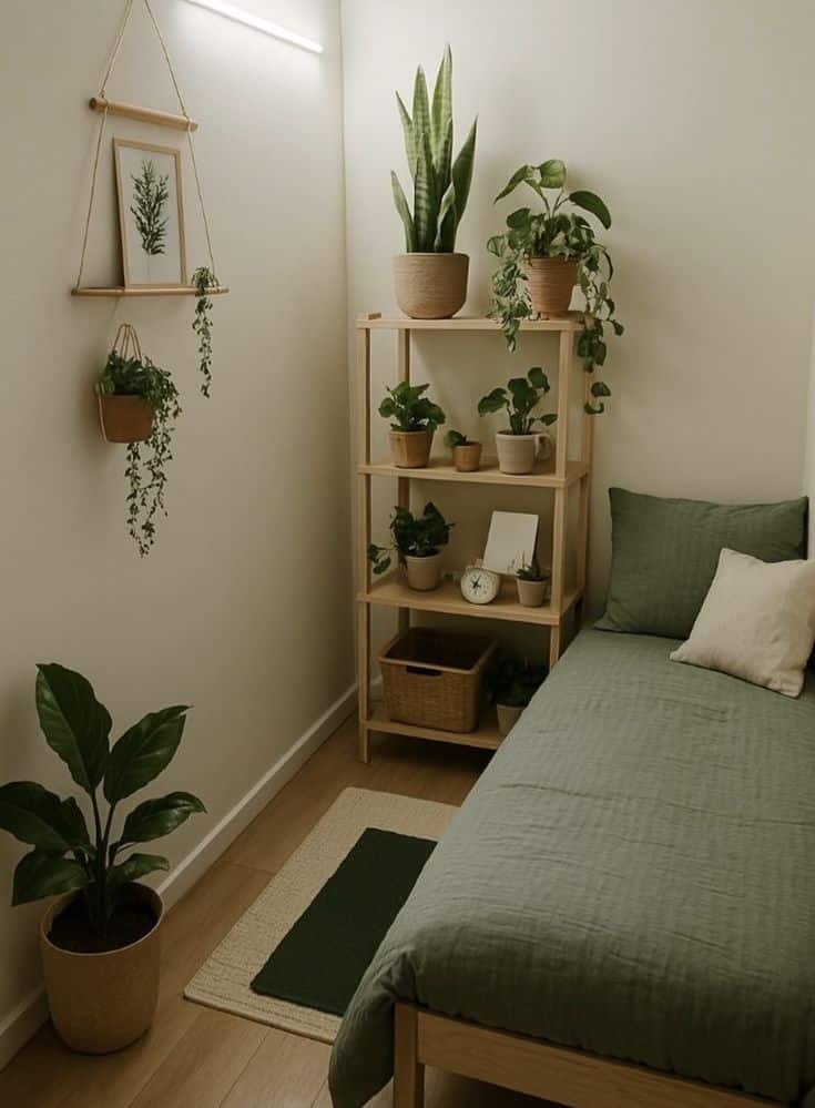 Cozy bedroom with green plants and minimalist decor, featuring a wooden shelf and bed with green bedding.