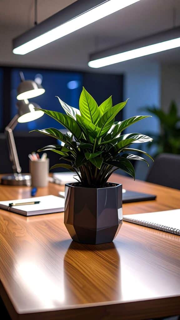 47905ba65124b0b9c18c889b89348520 Modern office desk with a geometric plant pot, notebooks, and a desk lamp, under sleek overhead lighting. | Sky Rye Design Modern office desk with a geometric plant pot, notebooks, and a desk lamp, under sleek overhead lighting.