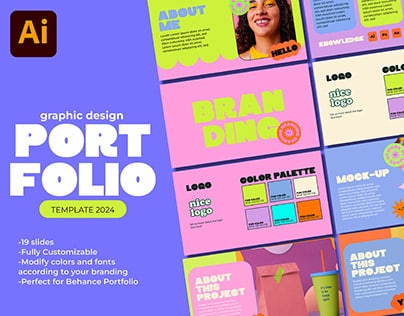 Graphic design portfolio template 2024, customizable, for Adobe Illustrator; includes branding, color palette, and mockups.