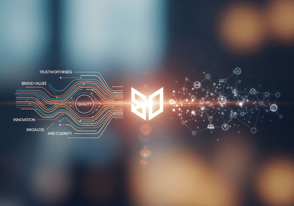 Abstract image of brand values, quality, trustworthiness, innovation, and connectivity concept on blurred background.