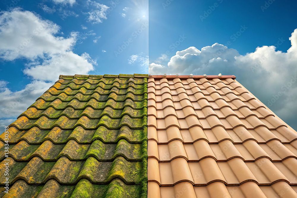 Side-by-side comparison of mossy and clean roof tiles under clear blue sky