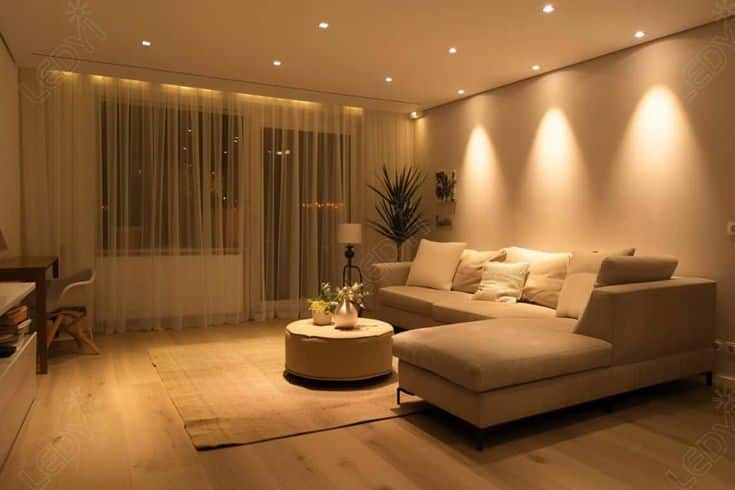 Modern living room with soft lighting, beige sectional sofa, round coffee table, and sheer curtains for an elegant ambiance.