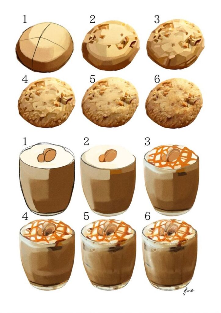 Illustrated cookie and coffee preparation stages, showing step-by-step process from dough to finished beverage.