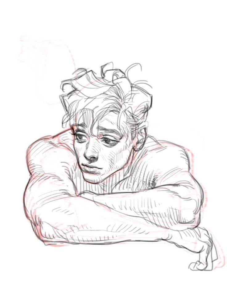 Sketch of a contemplative person with tousled hair leaning on folded arms, conveying a thoughtful expression.
