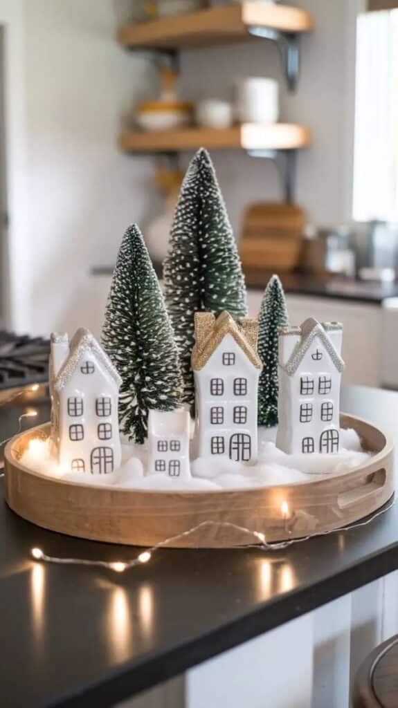 4852df446e1b0c7a8031c51484b9f390 Festive holiday decor with ceramic houses and snowy trees on a wooden tray, perfect for Christmas tablescape. | Sky Rye Design Festive holiday decor with ceramic houses and snowy trees on a wooden tray, perfect for Christmas tablescape.