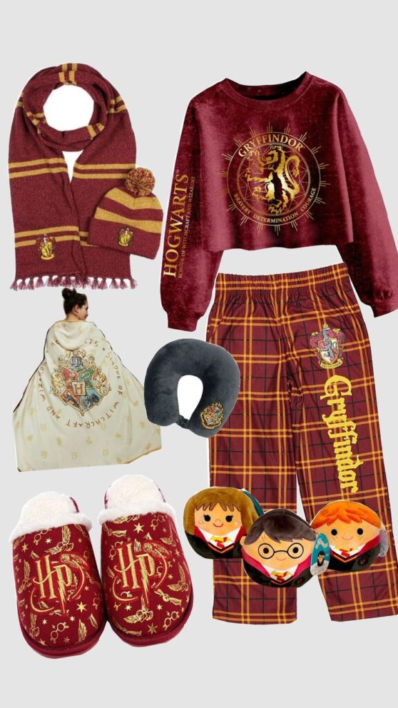 Gryffindor-themed clothing and accessories, including scarf, hat, pajamas, blanket, pillow, slippers, and plush toys.