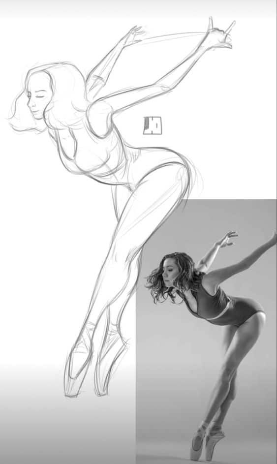 Illustration and photo of a dancer balancing on pointe, showcasing graceful ballet movement and form.