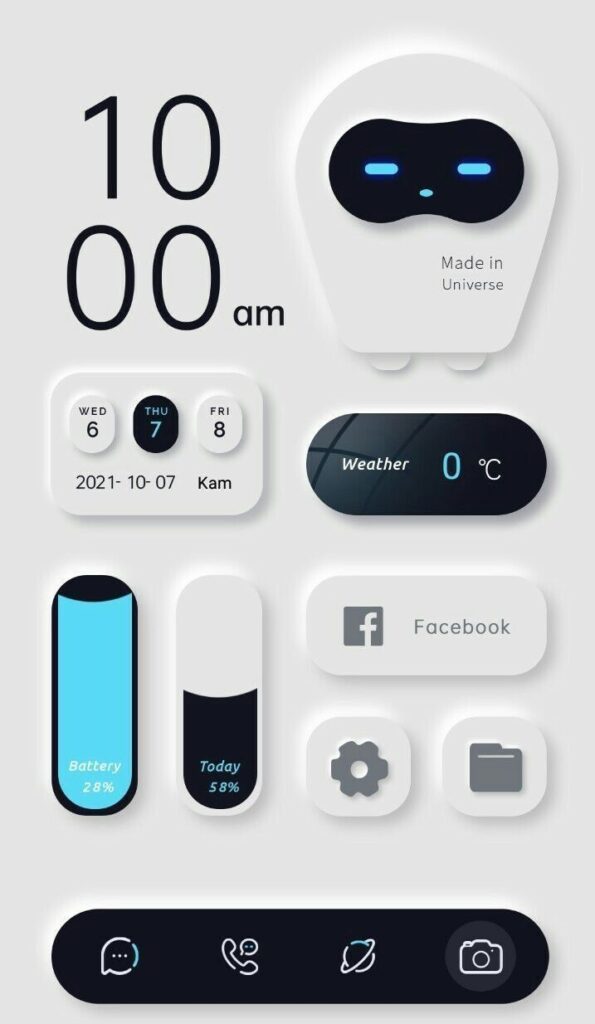 Minimalist smartphone interface showing time, weather, date, battery level, social apps, and settings.