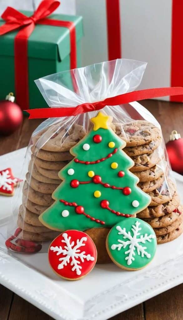 Festive cookies in gift wrap with Christmas tree and snowflake icing, set against holiday decorations.