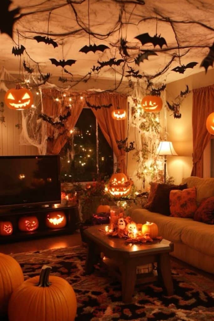 49254a0bf5ca79fd5ac5950ba6070d06 Spooky Halloween-themed living room with jack-o'-lanterns, bats, cobwebs, and soft lighting creating a festive atmosphere. | Sky Rye Design Spooky Halloween-themed living room with jack-o'-lanterns, bats, cobwebs, and soft lighting creating a festive atmosphere.