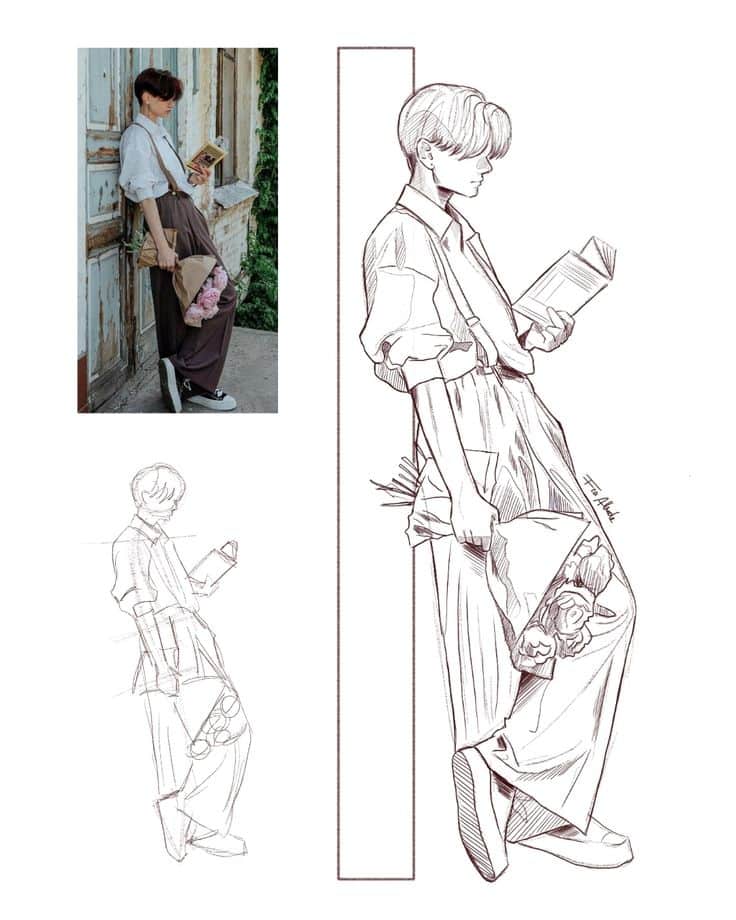 Illustration and sketch of a person holding a book and flowers, inspired by a casual outdoor scene.