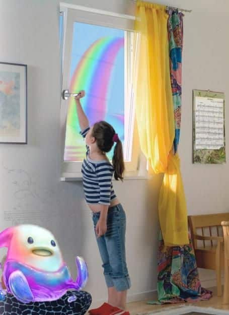 4ab8c8c6c49569fd0e39d8814edc5de6 Girl opening window with rainbow view, colorful curtains, and glowing creature statue in bedroom. | Sky Rye Design Girl opening window with rainbow view, colorful curtains, and glowing creature statue in bedroom.