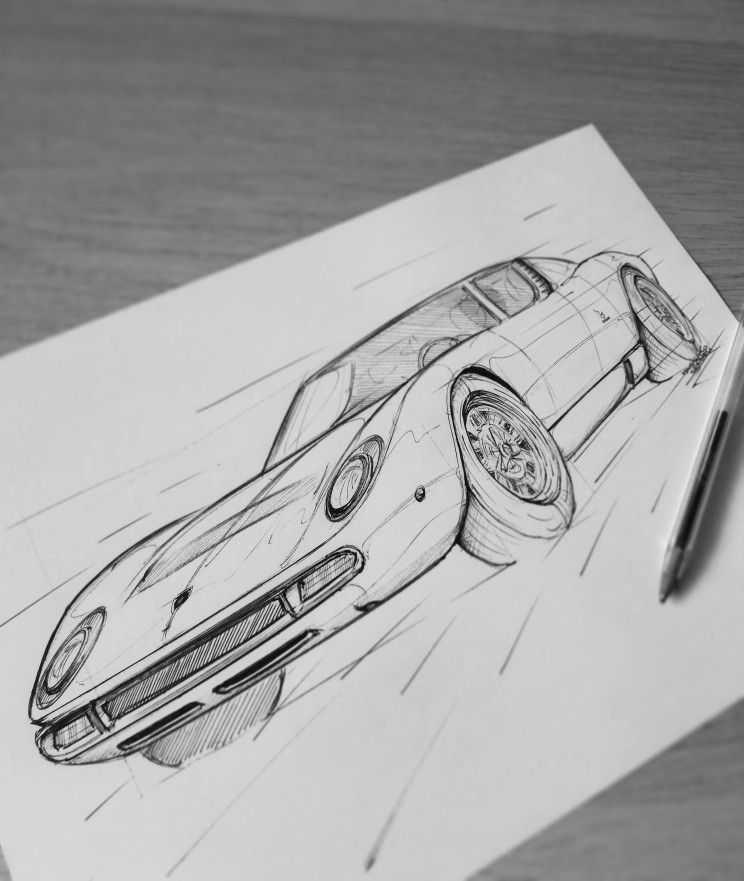 4af2a6a0d6e1cf1067cf08f9f92fcaa4 Sketched sports car design on paper with a pen nearby, showcasing sleek aerodynamic lines. | Sky Rye Design Sketched sports car design on paper with a pen nearby, showcasing sleek aerodynamic lines.