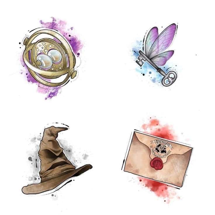 4b15a4aa-b7ba-4dc9-9dfa-3e7160fe24f6 Magical themed icons: time-turner, flying key, wizard hat, envelope with crest, on a splash watercolor background. | Sky Rye Design Magical themed icons: time-turner, flying key, wizard hat, envelope with crest, on a splash watercolor background.