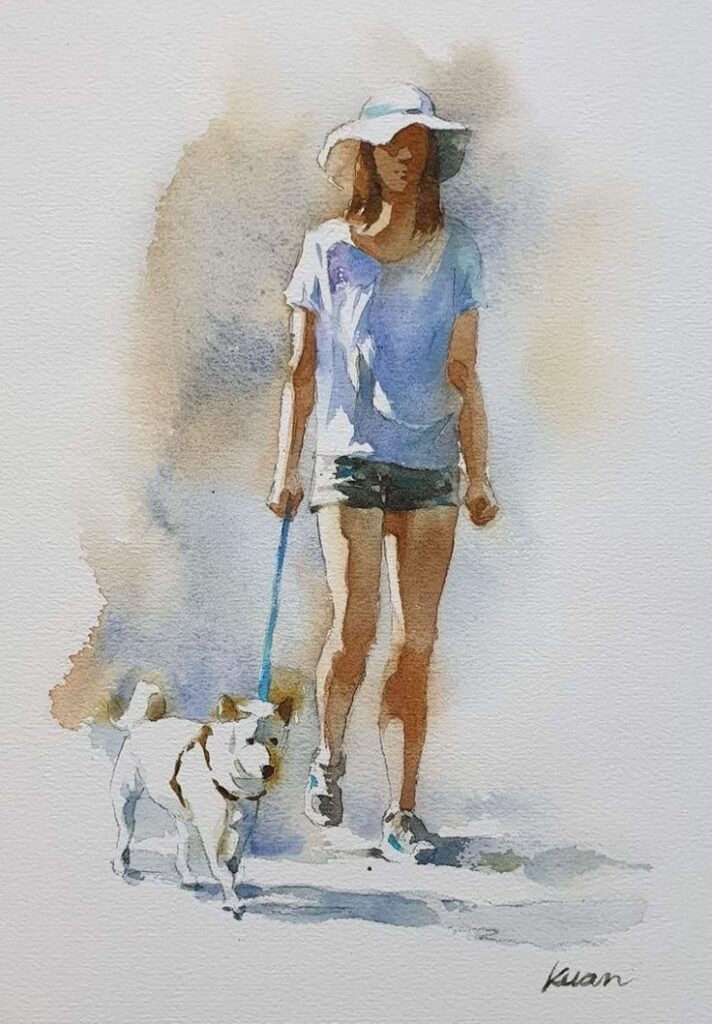 4b324db5-9a21-4d6f-bab9-897fa661beb3 Watercolor painting of a woman in a hat walking her dog on a leash. | Sky Rye Design Watercolor painting of a woman in a hat walking her dog on a leash.