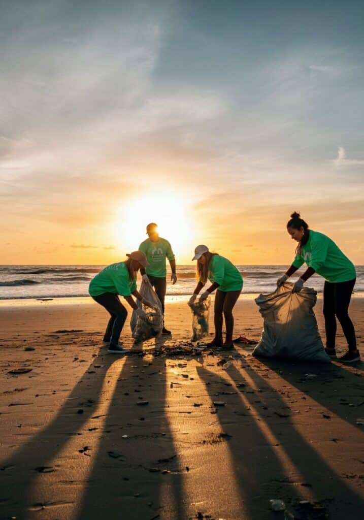 Volunteers cleaning a beach at sunset, collecting trash in bags, promoting environmental conservation.