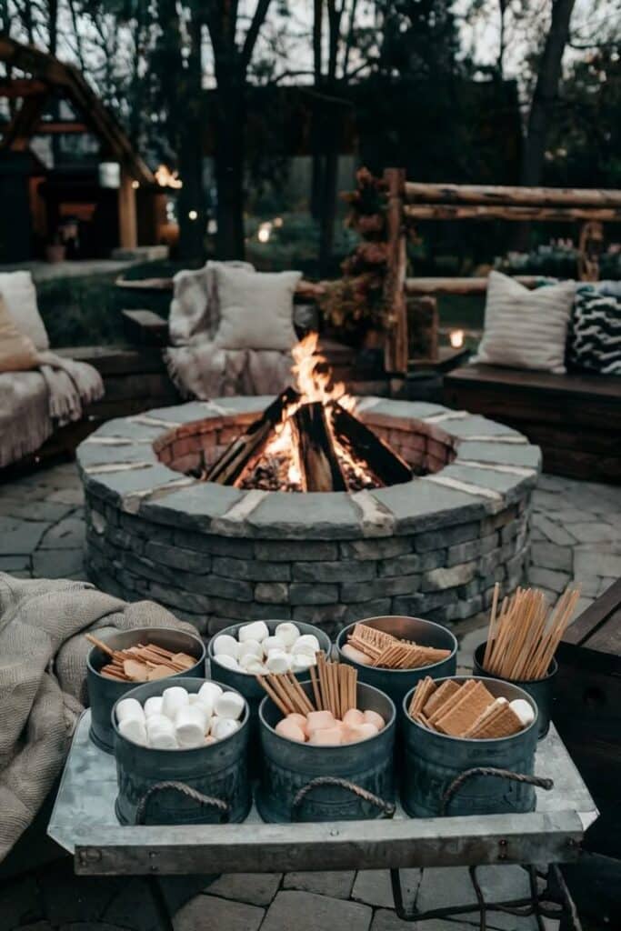 Cozy outdoor fire pit with marshmallows and s'mores supplies, surrounded by cushions for a perfect evening gathering.