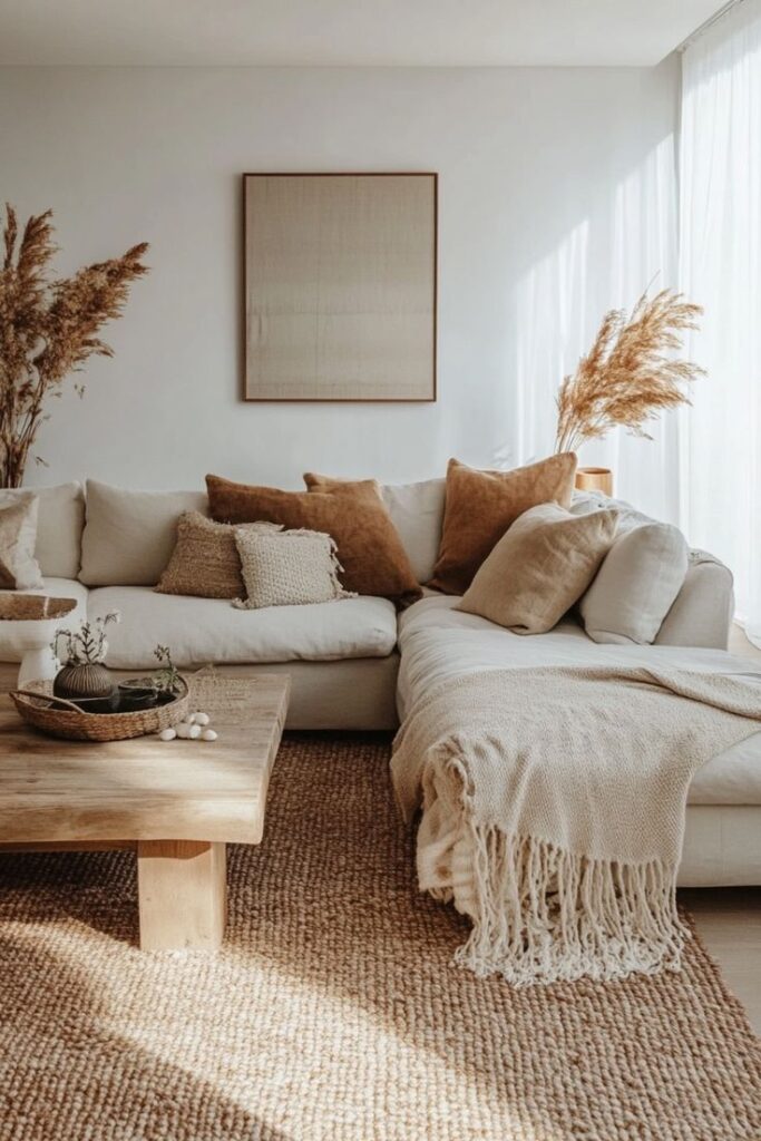 4c6364571a72af943a2509b5971e7fc2 Cozy neutral living room with a beige sofa, textured cushions, a wooden coffee table, and pampas grass decor. | Sky Rye Design Cozy neutral living room with a beige sofa, textured cushions, a wooden coffee table, and pampas grass decor.