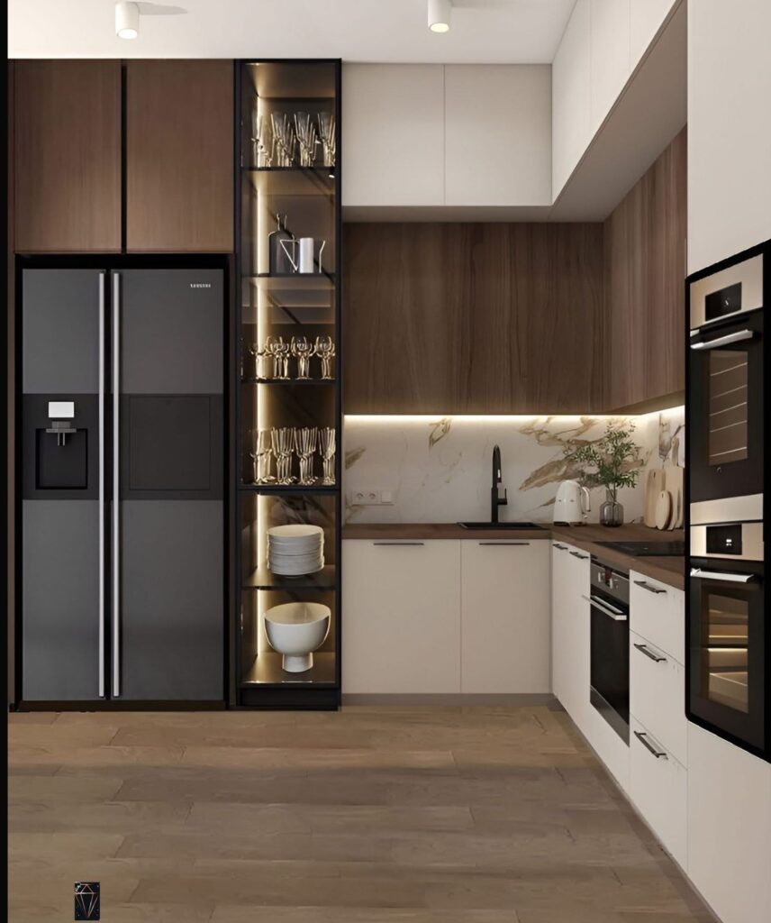 4caad18ee33c32fa73cef55a7a08e2f3 Modern kitchen with wooden cabinets, sleek appliances, open shelving, and elegant lighting. | Sky Rye Design Modern kitchen with wooden cabinets, sleek appliances, open shelving, and elegant lighting.