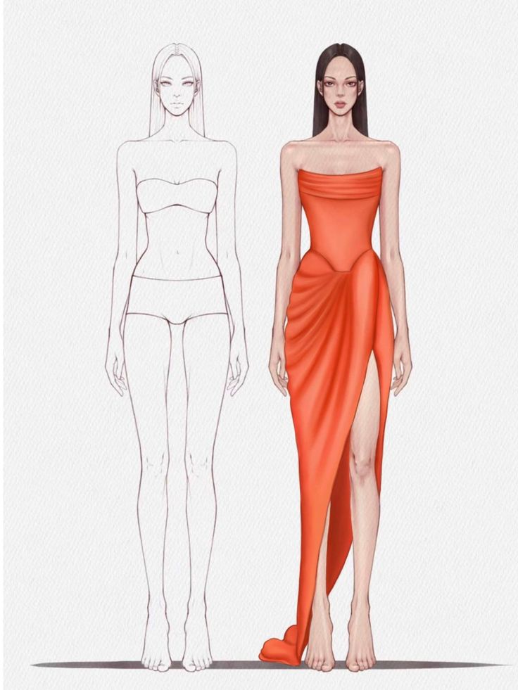 Fashion illustration of a female model in a red dress next to a sketched outline, showcasing dress design.