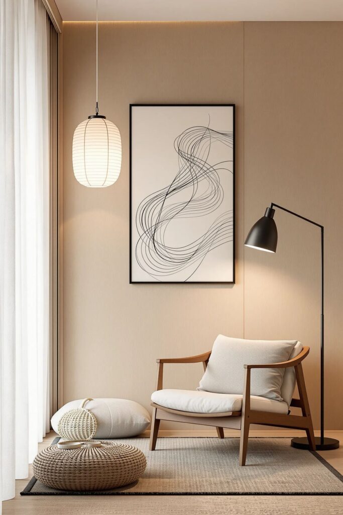 4d6c41480d12afb39166622106605fb9 Minimalist living space with modern armchair, floor lamp, abstract art, and pendant light. Cozy and stylish corner. | Sky Rye Design Minimalist living space with modern armchair, floor lamp, abstract art, and pendant light. Cozy and stylish corner.
