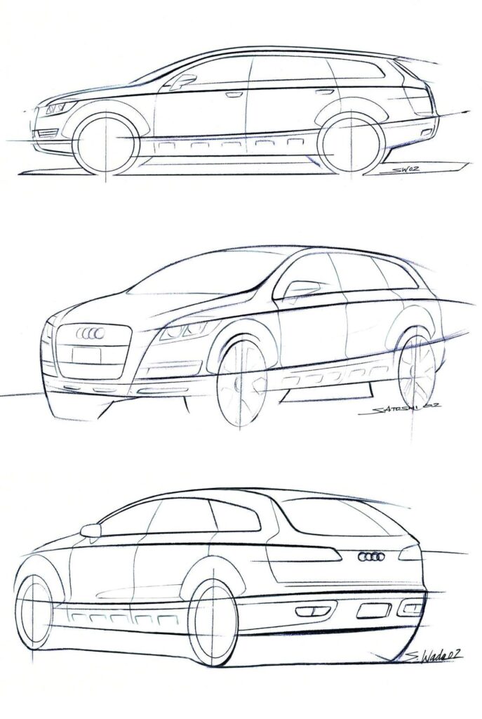 4da978862690ca1c323825555b61d0db Car design sketches showing side, front, and rear views, highlighting sleek lines and aerodynamic features. | Sky Rye Design Car design sketches showing side, front, and rear views, highlighting sleek lines and aerodynamic features.