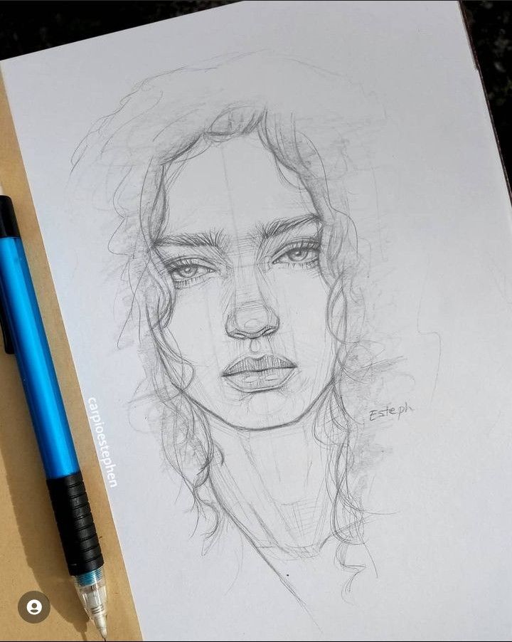 4dabaf74b0ac5fcaf4d6399f38249c82 Sketch of a woman with curly hair and expressive eyes on paper with a pencil beside it. | Sky Rye Design Sketch of a woman with curly hair and expressive eyes on paper with a pencil beside it.