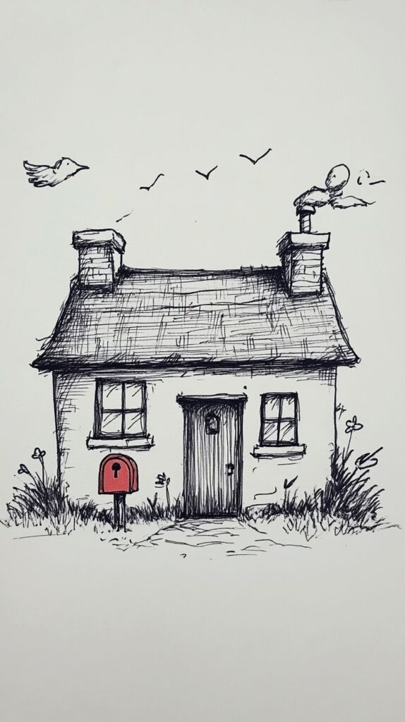 4e1b0ac6dc1dde18264a52e593eff8a9 Sketch of a quaint cottage with a red mailbox and birds flying overhead, surrounded by grass and flowers. | Sky Rye Design Sketch of a quaint cottage with a red mailbox and birds flying overhead, surrounded by grass and flowers.
