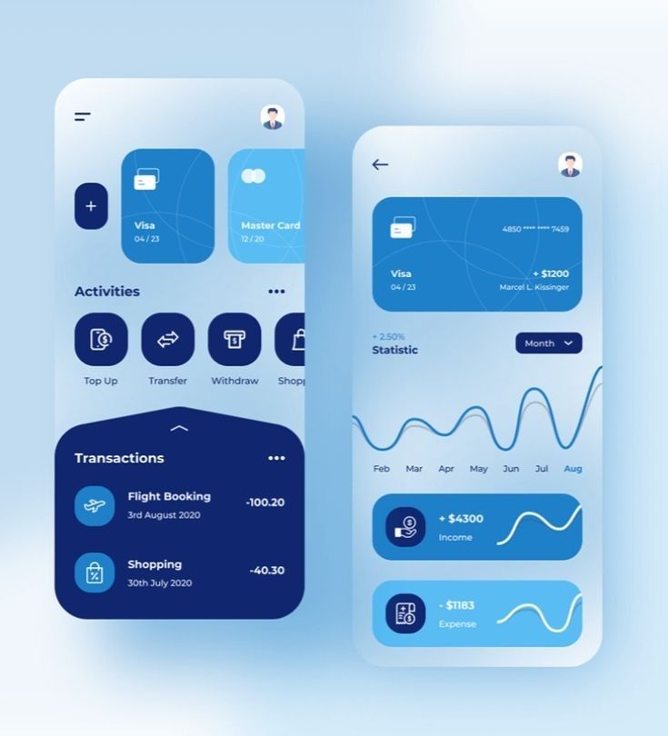 Mobile banking app interface with transaction history, activities, and financial statistics on a sleek blue layout.
