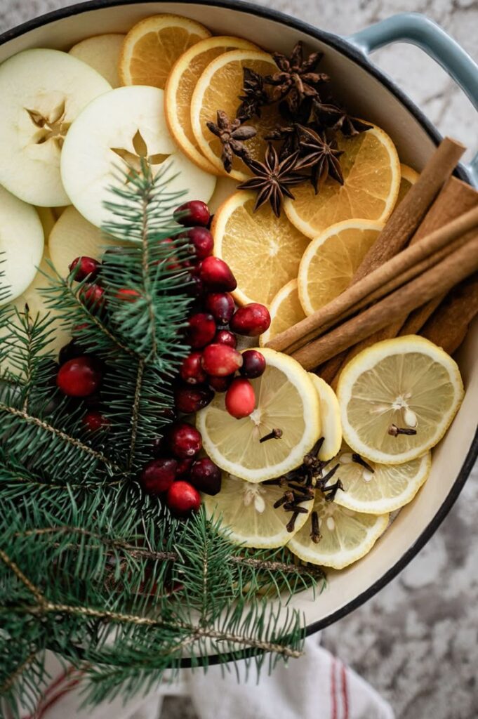 Slices of apples, oranges, and lemons with cinnamon, cranberries, and pine in a pot for holiday simmer potpourri.