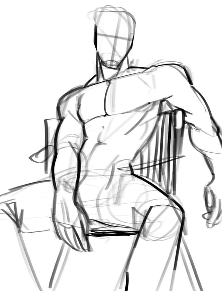Sketch of a seated faceless man in a relaxed pose, showcasing dynamic pencil lines.