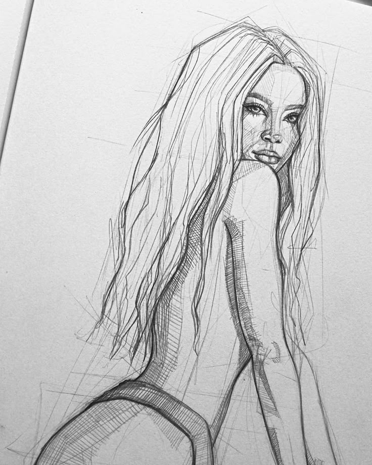Pencil sketch of a woman with long hair, looking back over her shoulder on a white paper background.