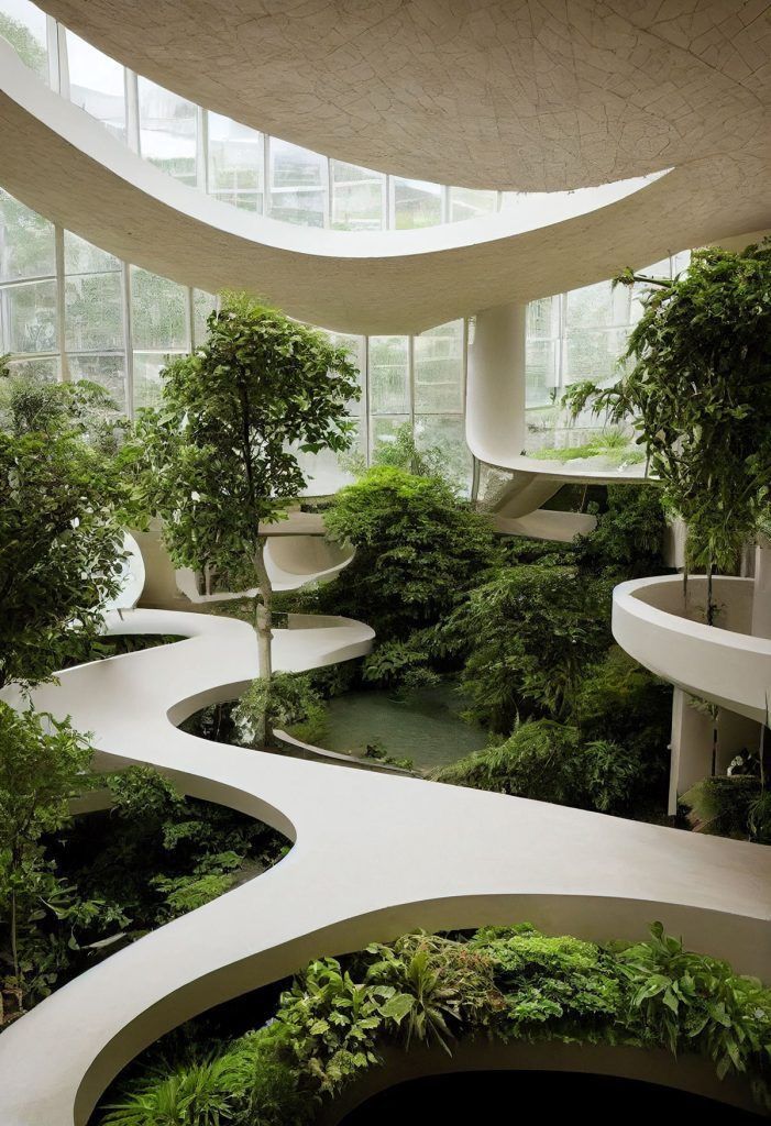 4f14cdb2-f4d8-430c-a02a-486165fe57b0 Modern indoor garden with curved walkways, lush greenery, and large windows allowing natural light. | Sky Rye Design Modern indoor garden with curved walkways, lush greenery, and large windows allowing natural light.
