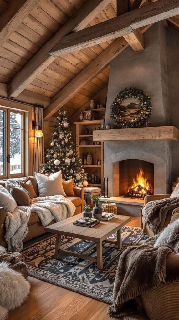 Cozy rustic living room with Christmas tree, fireplace, warm lighting, and wooden beams, perfect for winter relaxation.