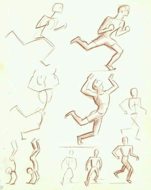 Sketches of a figure running, showing dynamic motion and different poses in a pencil drawing.
