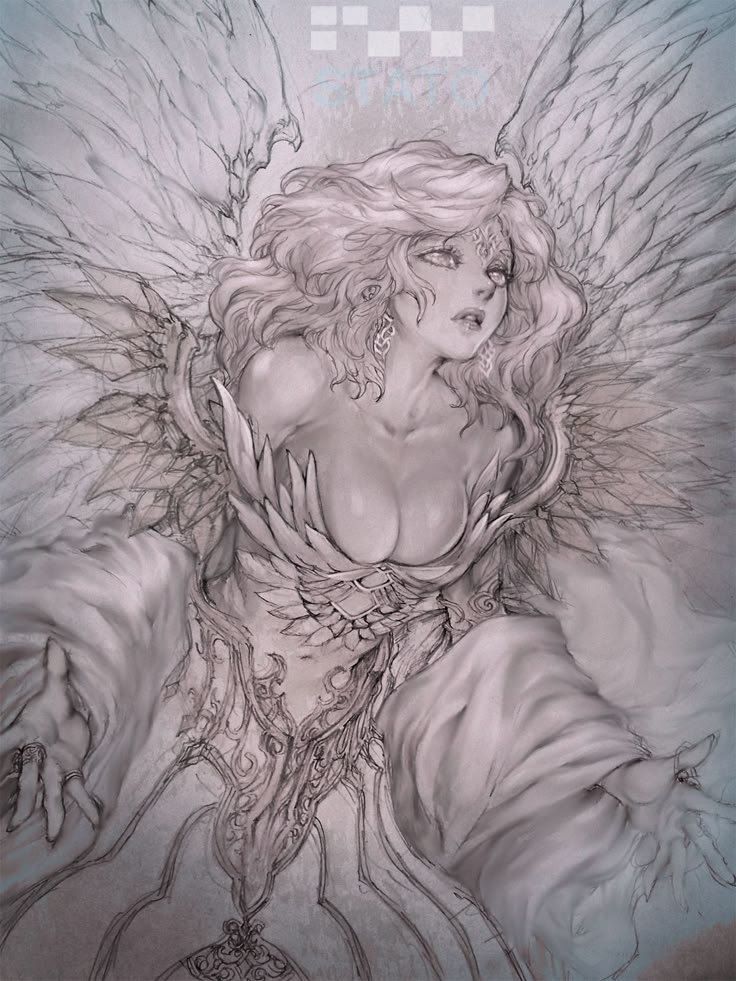 Fantasy sketch of an angelic woman with wings, intricate armor, and flowing hair, reaching out gracefully.