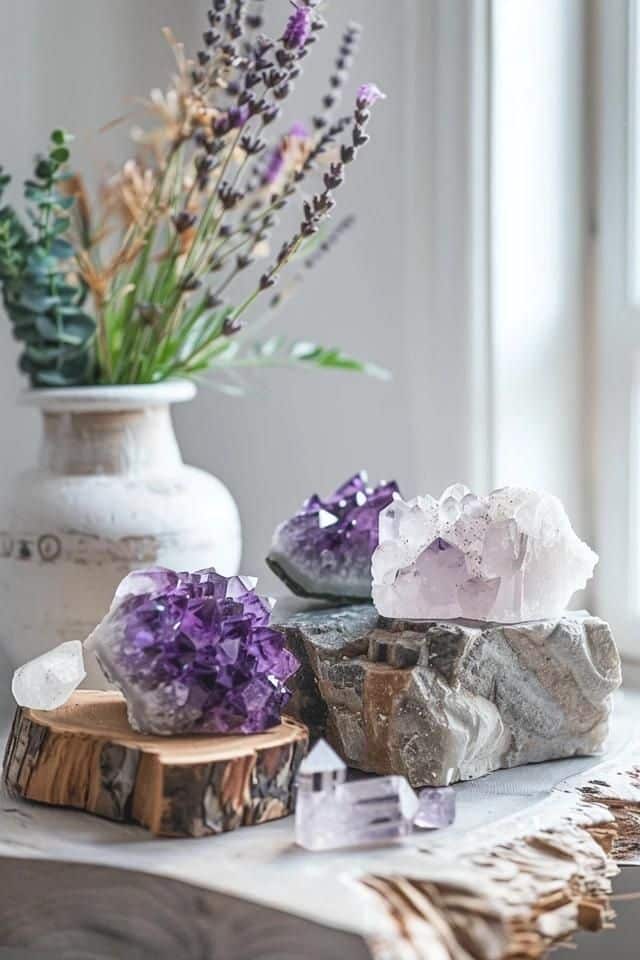 Amethyst crystals on wooden slabs with lavender in a vase by the window, creating a serene and natural decor setting.