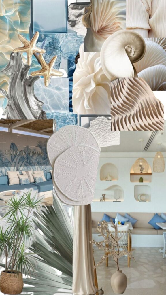 _ 5 Coastal-themed collage featuring starfish, sea patterns, natural textures, and elegant decor elements in a serene setting. | Sky Rye Design Coastal-themed collage featuring starfish, sea patterns, natural textures, and elegant decor elements in a serene setting.