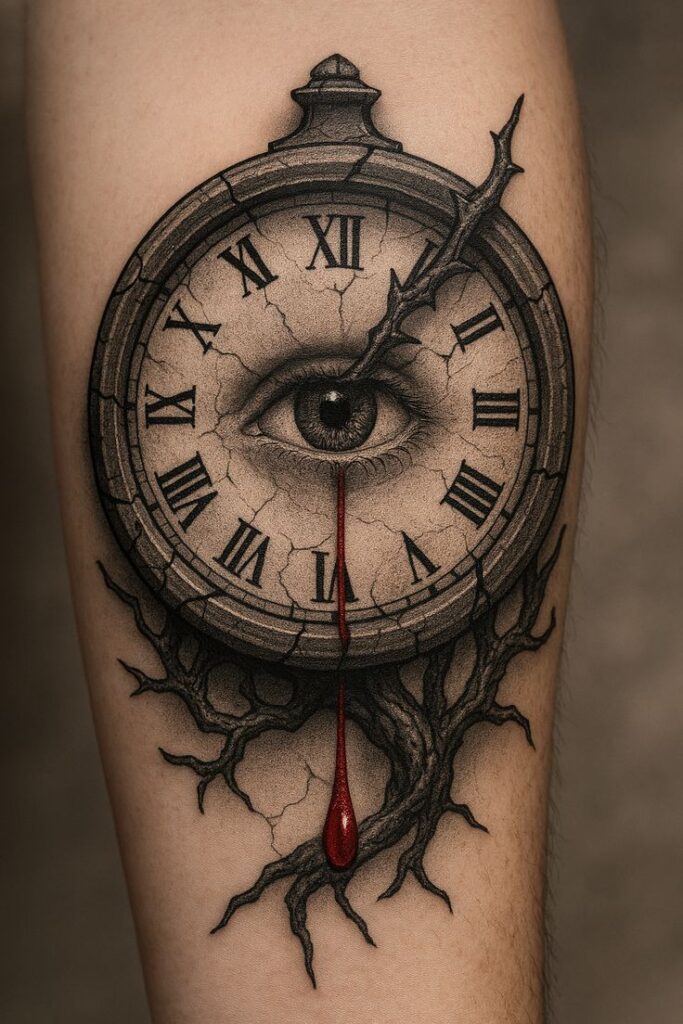Surreal clock tattoo with an eye at the center and a red teardrop, surrounded by branches and Roman numerals.