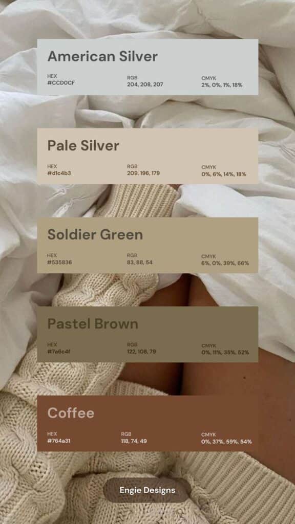 5 Color Pallet Covers Beige Aesthetic Themed 🤍 Color palette featuring American Silver, Pale Silver, Soldier Green, Pastel Brown, and Coffee. Engie Designs style theme. | Sky Rye Design Color palette featuring American Silver, Pale Silver, Soldier Green, Pastel Brown, and Coffee. Engie Designs style theme.